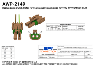 Backup Lamp Switch Pigtail for T56 Manual Transmission for 1992-1997 GM Gen II LT1