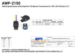 Pinout for Vehicle Speed Sensor (VSS) Pigtail for T56 Manual Transmission for 1992-1997 GM Gen II LT1